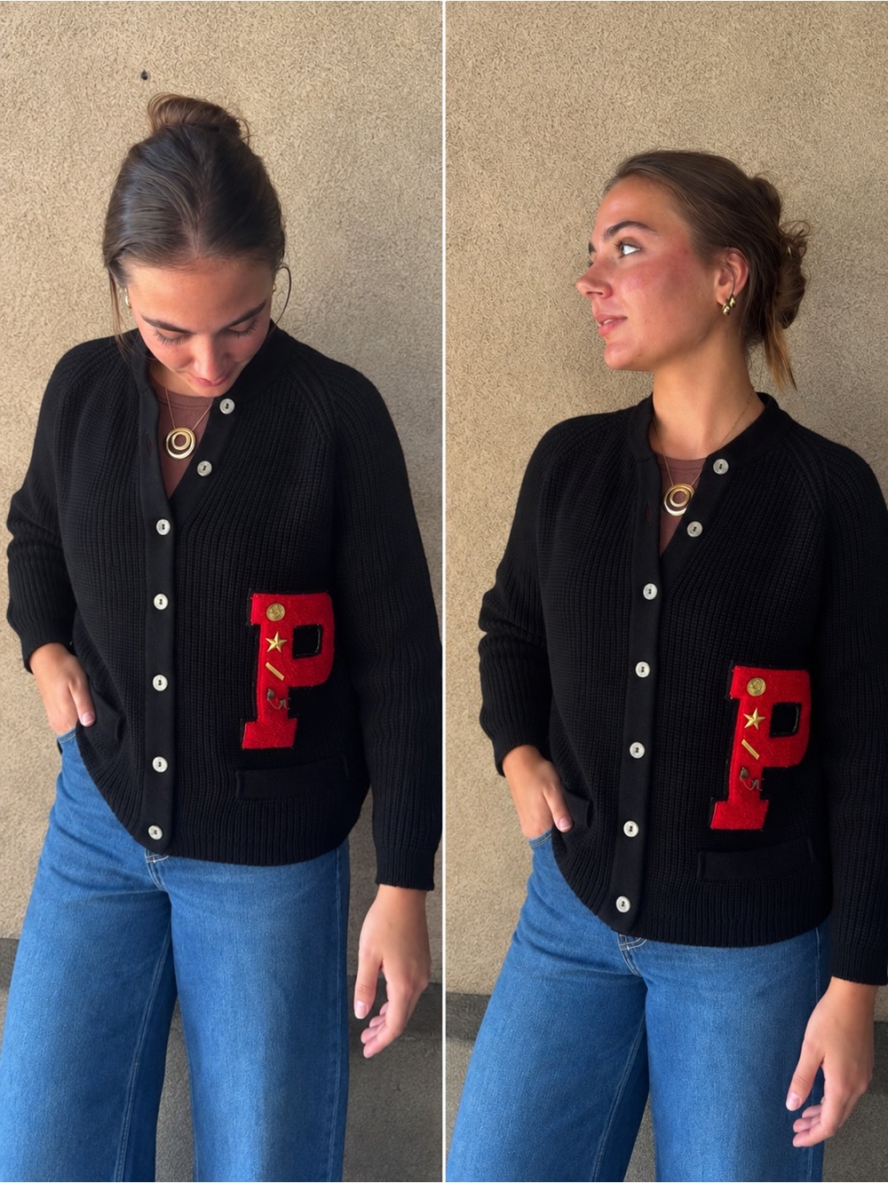 True vintage black varsity Letterman cardigan P patch